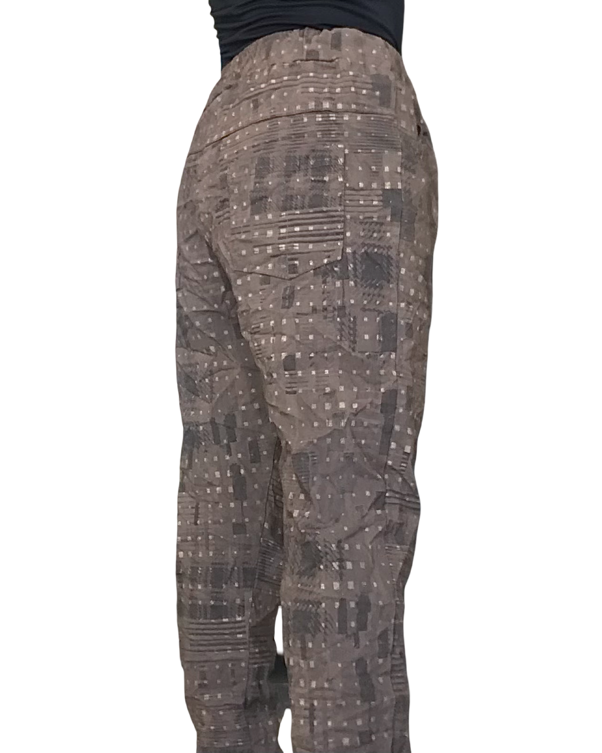 Pantalon brun à taille élastique avec cordon, imprimé d’un léger motif noir et petits carreaux dorés – photo 6