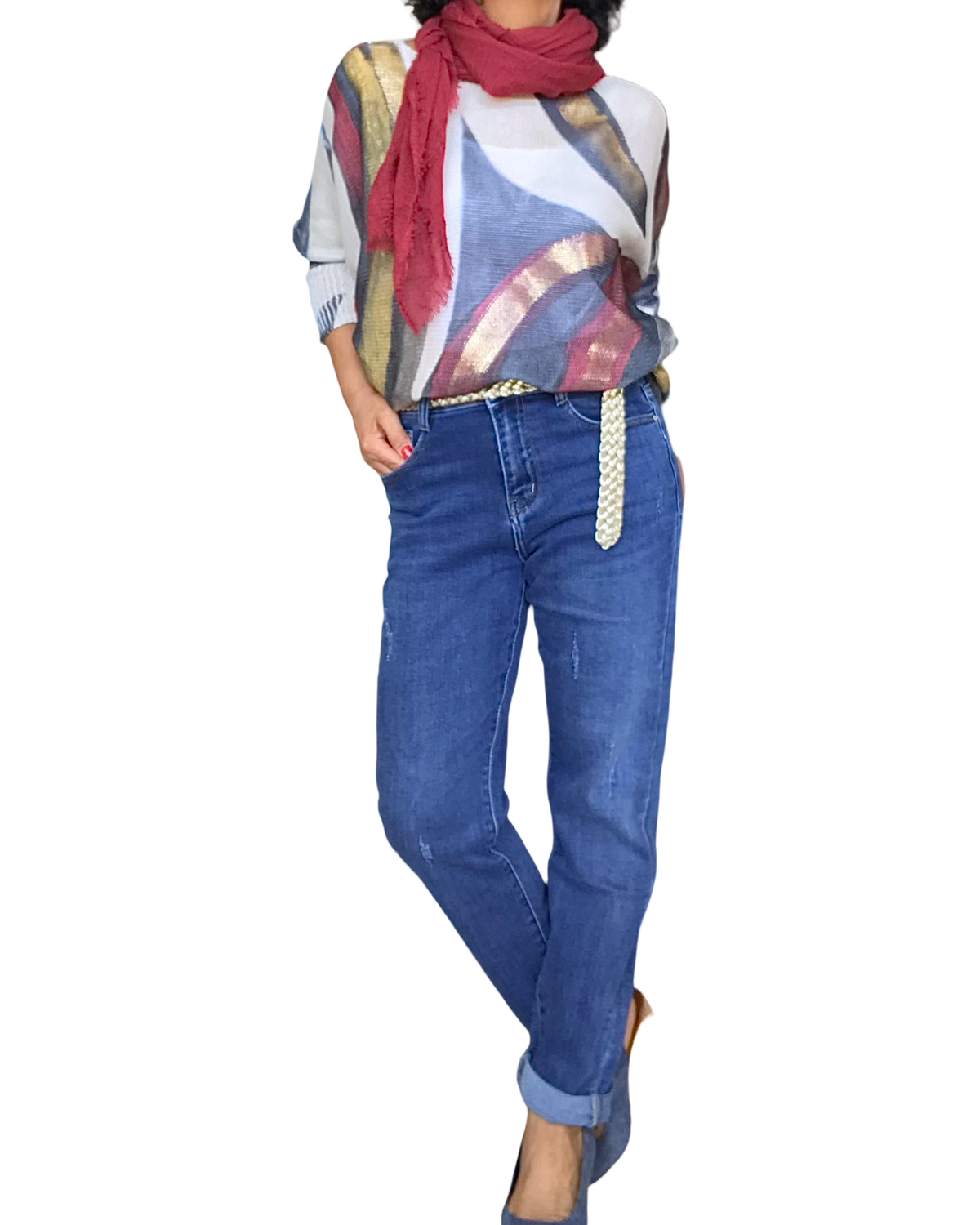 Chandail imprimé abstraits crème, rouge vin, gris et marine avec des traits dorés