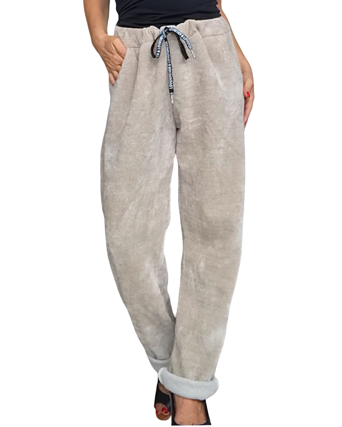 Pantalon beige en corderoy à taille élastique avec cordon