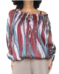 Blouse en voile rouille imprimé zigzag vertical manches bouffantes
