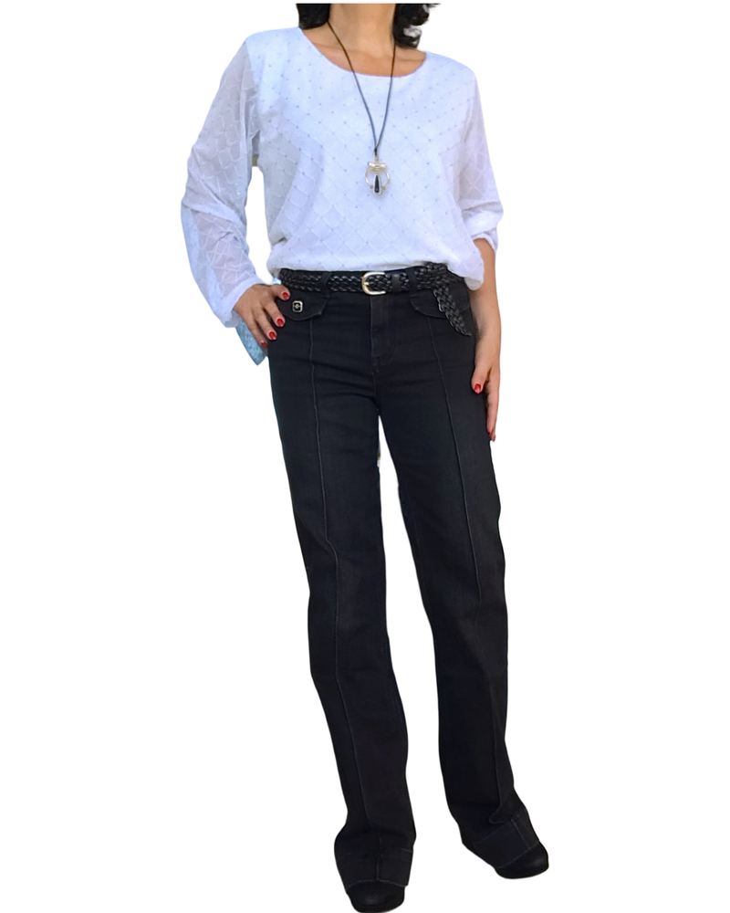 Blouse blanche en voile avec losange en velours et pierres argentées