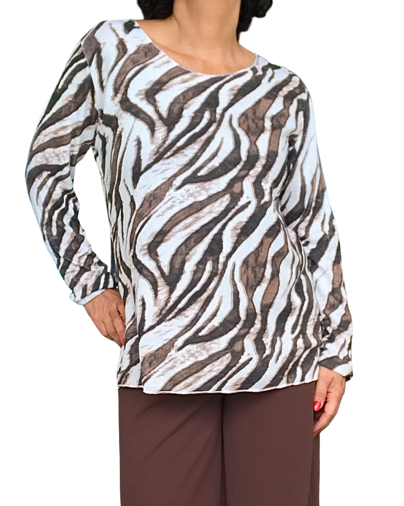 T-shirt manche longue imprimé zébré blanc, noir et brun