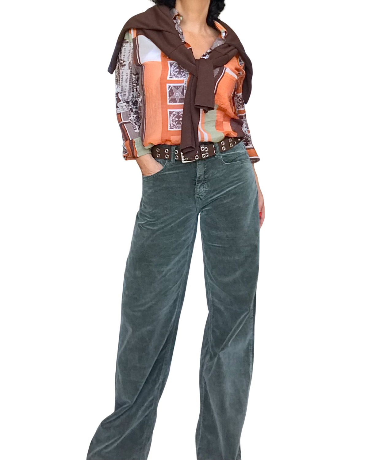 Chemise à manche longue, imprimé abstrait orange, beige, kaki, brun