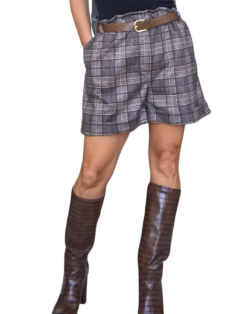 Short prince de galle en ultra suède noir et beige