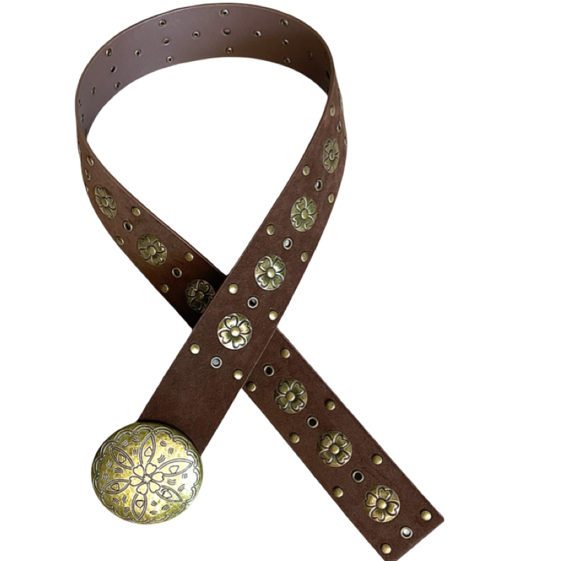 Ceinture en similicuir brune avec fleurs dorées appliquées et boucle ronde