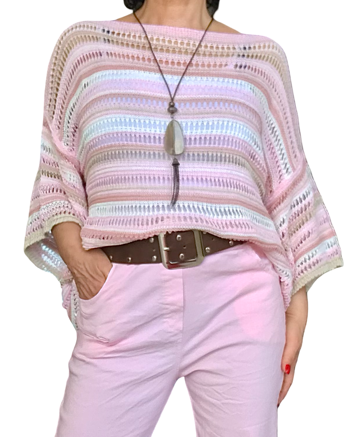 Chandail en crochet à rayures rose pâle manche courte col bateau