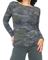 T-shirt manches longues kaki à grandes fleurs grises, col rond – vue de face