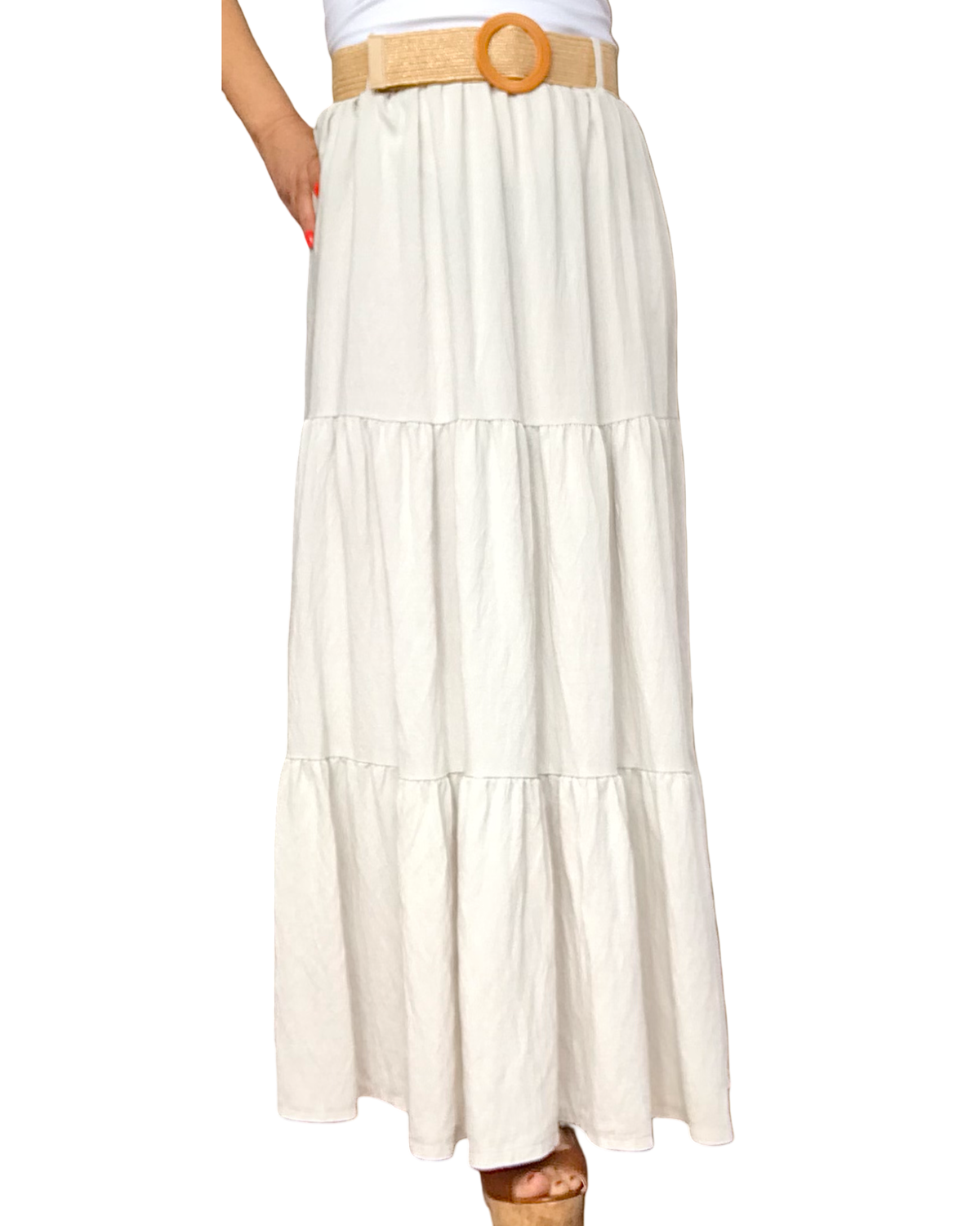 Jupe paysanne beige taille élastique avec une ceinture