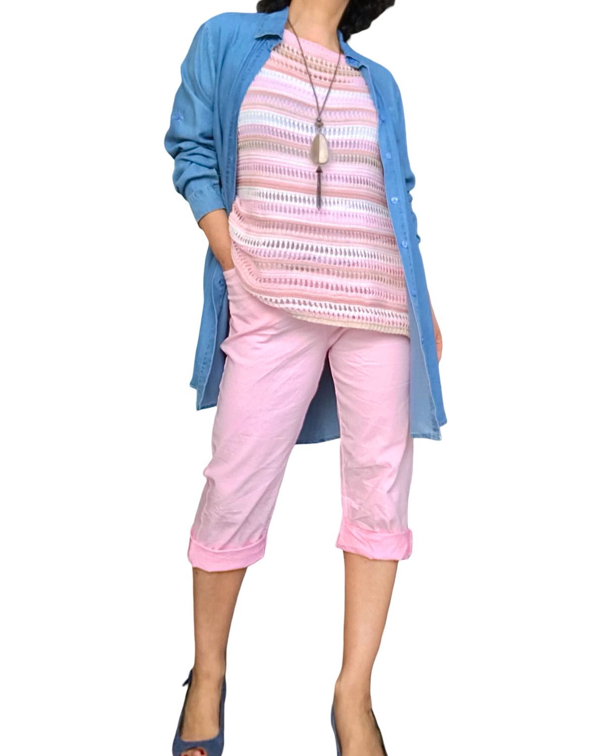 Chandail en crochet à rayures rose pâle manche courte col bateau