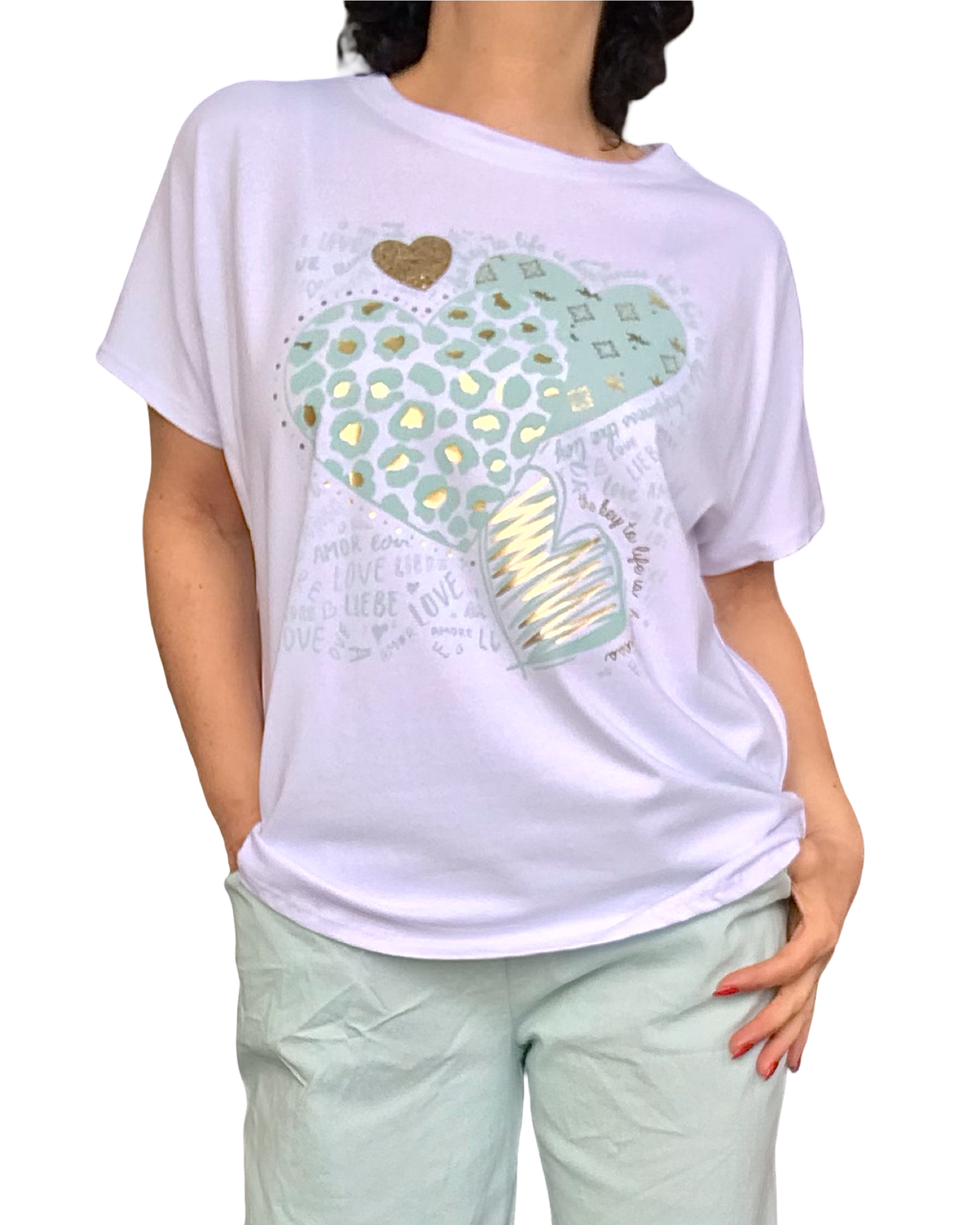 T-shirt blanc avec imprimé de cœurs Aqua et doré