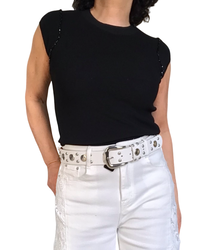 T-shirt uni noir col rond garni de pierres sur chaque épaule