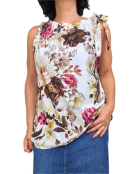 Camisole crème fleuri brun et rouge vin, encolure élastique garni d’une boucle
