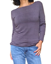 T-shirt rayé brun et rose pâle manche longue col rond