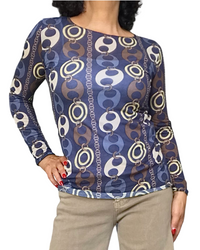 T-shirt manches longues marine à motif de grosses mailles et chaînes brun, beige et jaune pâle – vue de face