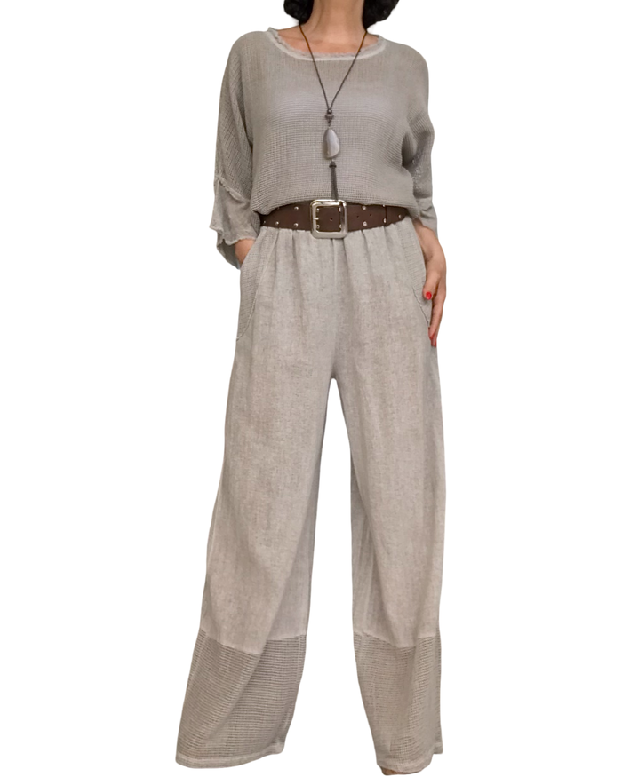 T-shirt beige en filet, col rond, manche courte
