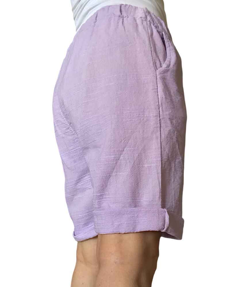 Bermuda coton tissé lilas, taille élastique avec cordon