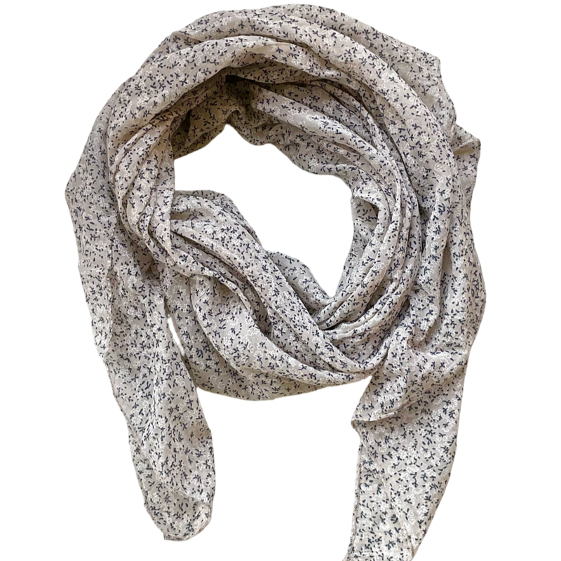Foulard beige petit fleuri marine et blanche 20% soie et 80% coton
