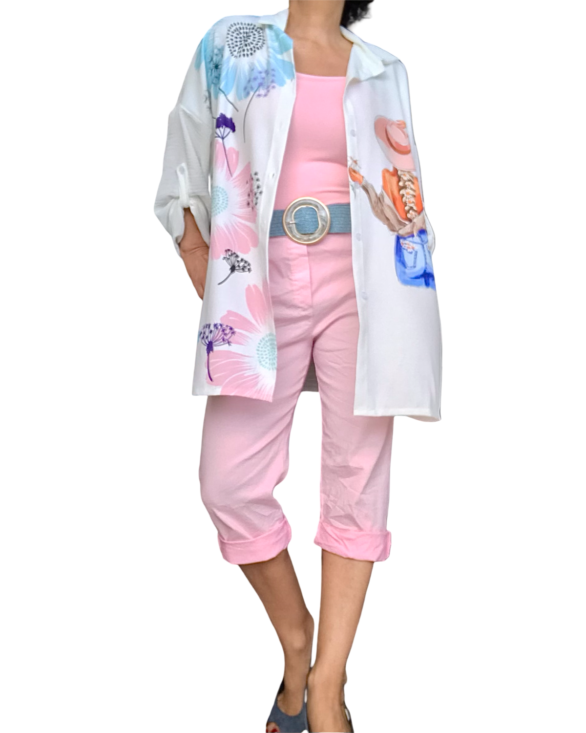 Capri rose pâle à taille élastique avec cordon