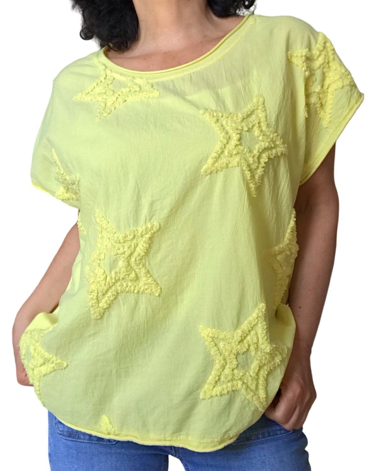 T-shirt uni garni de plusieurs étoile texturées devant col rond