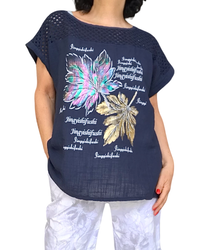 T-shirt marine avec dessin de feuilles, garni d’une bande en crochet dans le haut