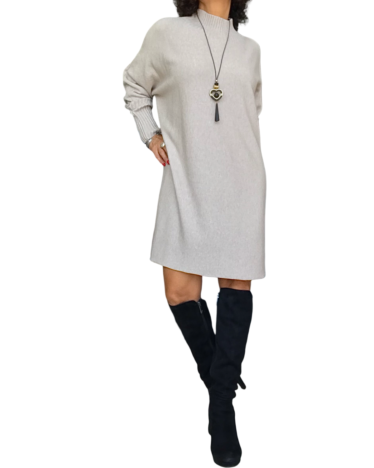 Robe en tricot beige au genou col montant – photo 3