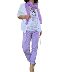 Pantalon lilas à taille élastique avec 4 boutons sur la boutonnière et cordon