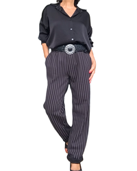 Pantalon rayé noir et brun, taille élastique avec une ceinture