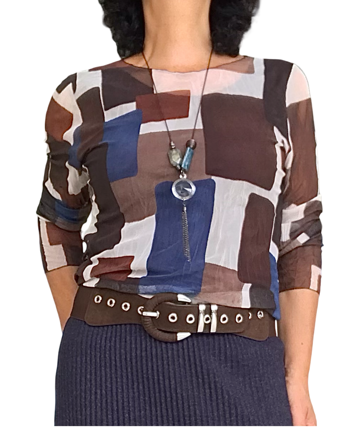 Chandail à manches longues en voile à motifs rectangulaires indigo,beige, brun et noisette