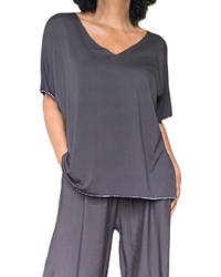T-shirt uni brun manche courte col en V avec lurex argenté