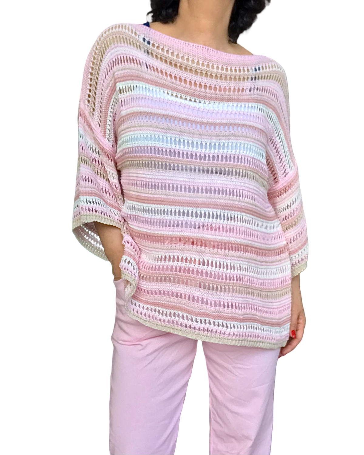 Chandail en crochet à rayures rose pâle manche courte col bateau