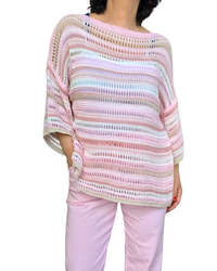 Chandail en crochet à rayures rose pâle manche courte col bateau