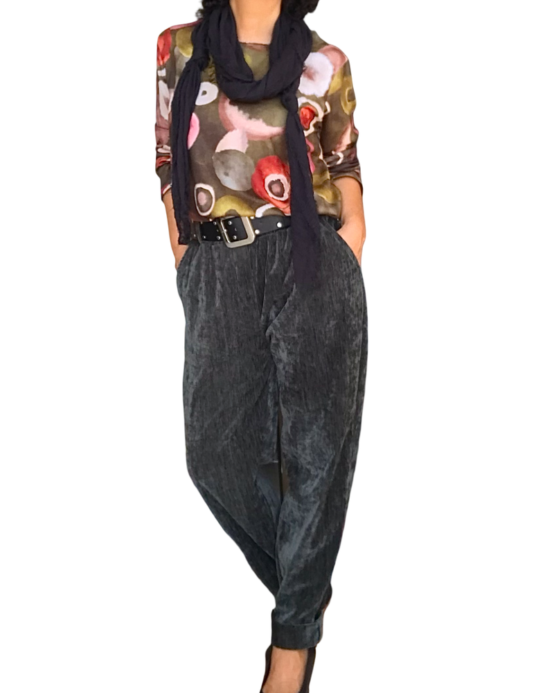 T-shirt manche longue kaki col rond imprimé de cercles rouille, crème, brun et blanc