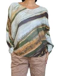 Chandail tricot crème, kaki camel et noir col en V manche chauve-souris