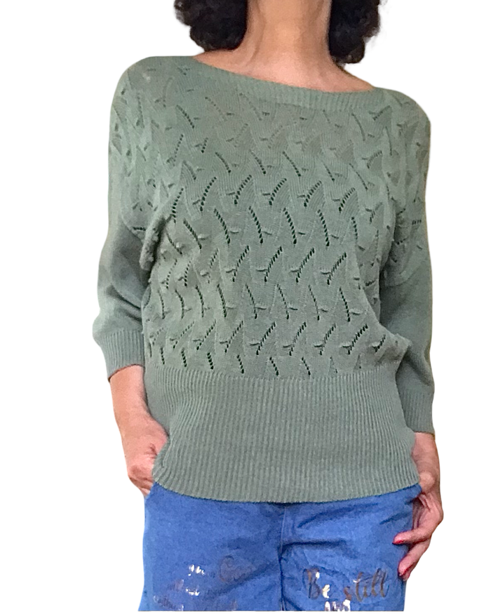 Chandail de tricot kaki pointelle, manche 3/4 – photo 3