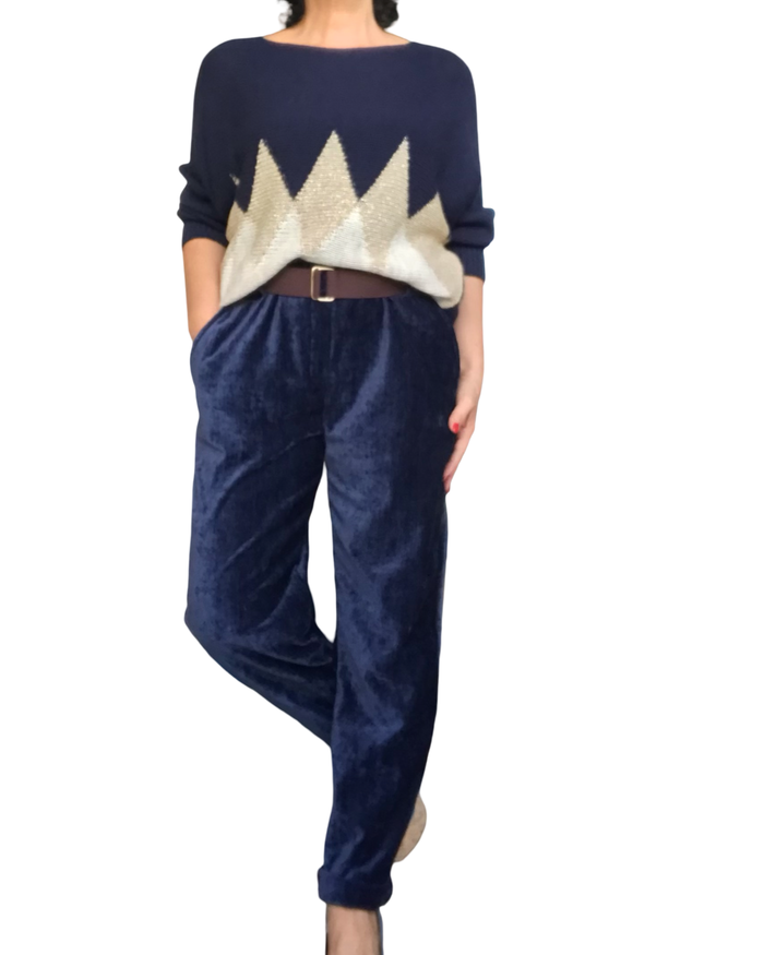 Chandail col rond en tricot marine, beige et losanges dorés