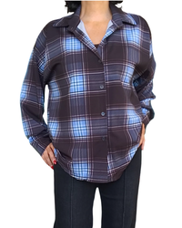Chemise en satin à carreaux noir, gris et bleu ciel à manche longue