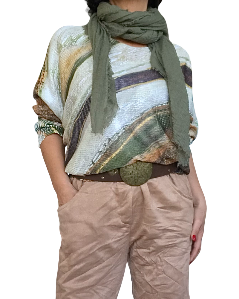 Chandail tricot crème, kaki camel et noir col en V manche chauve-souris