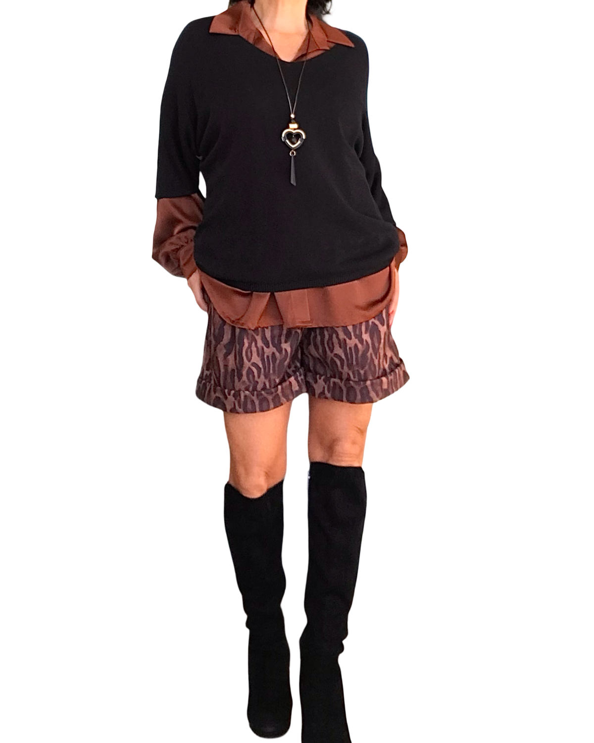 Short léopard en ultra suède noisette et noir