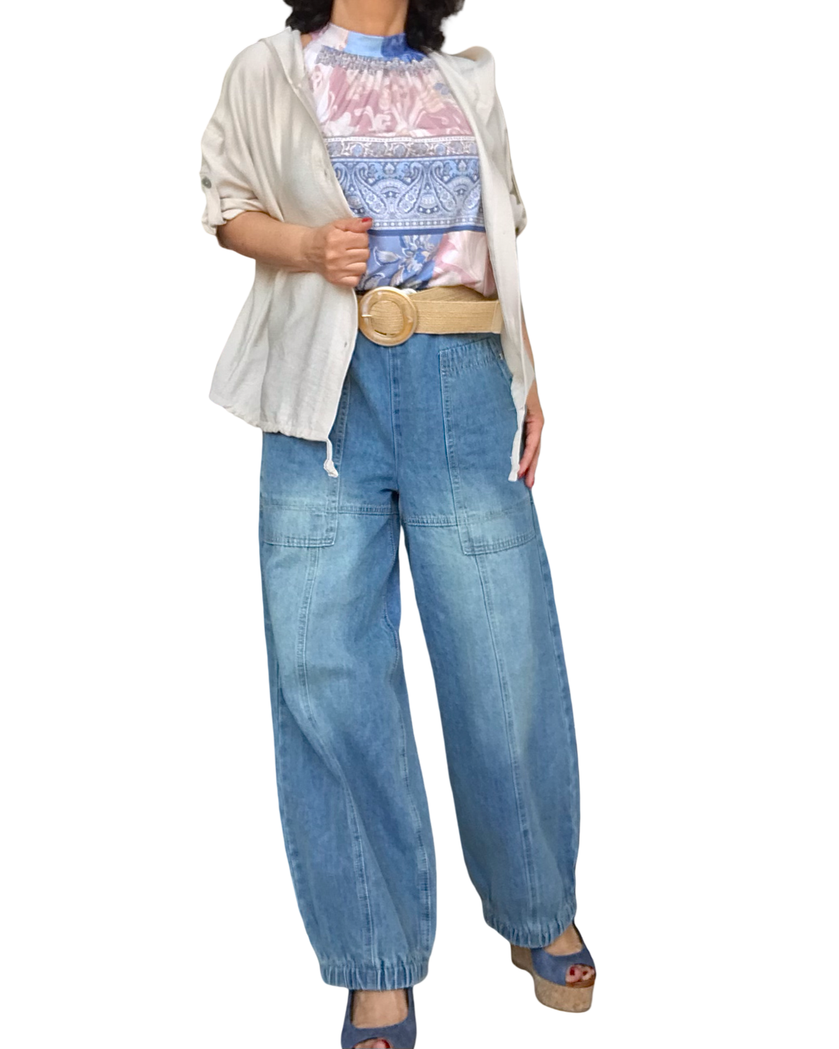 Jeans bleu moyen délavé baggy 7/8