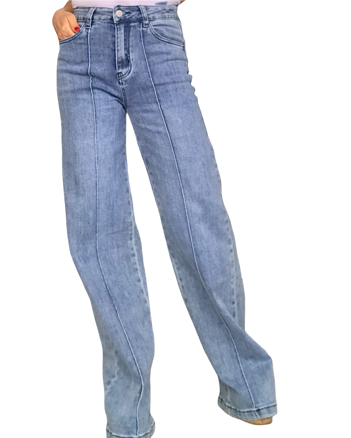 Jeans bleu clair , jambe droite avec sur picure le long de la jambe