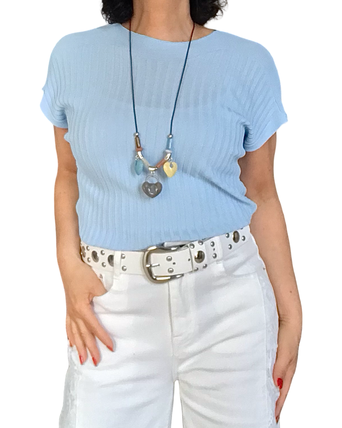 T-shirt côtelé uni bleu ciel col rond