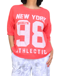 T-shirt uni corail manche courte col rond « 98 New York»