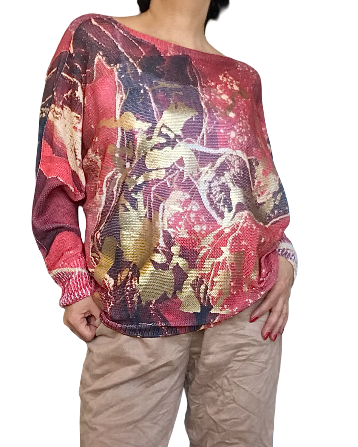 Chandail en tricot léger rouge, bourgogne et beige imprimé abstrait