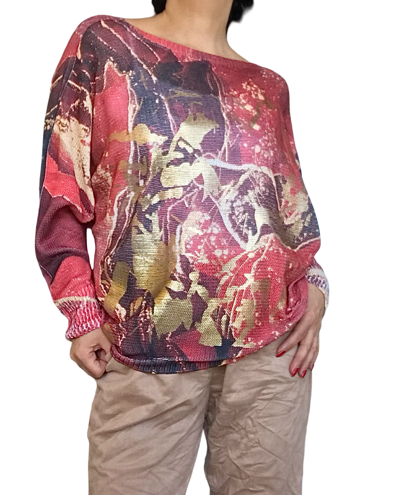 Chandail en tricot léger rouge, bourgogne et beige imprimé abstrait