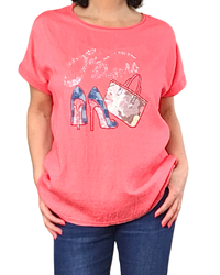 T-shirt corail « J’aime » en pierres argentées et souliers à talon haut en jeans(Livraison 8 juin)