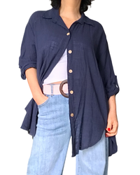 Chemise marine unie à manche 3/4 col chemise