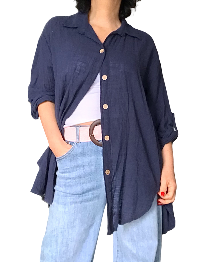 Chemise marine unie à manche 3/4 col chemise