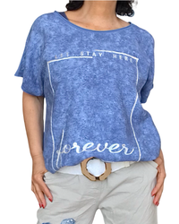 T-shirt bleu jeans manche courte avec un cordon au bas, écriture argentée