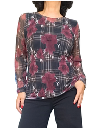 Chandail en voile à fleurs et carreaux noir, bourgogne et beige, manches longues transparentes – vue de face