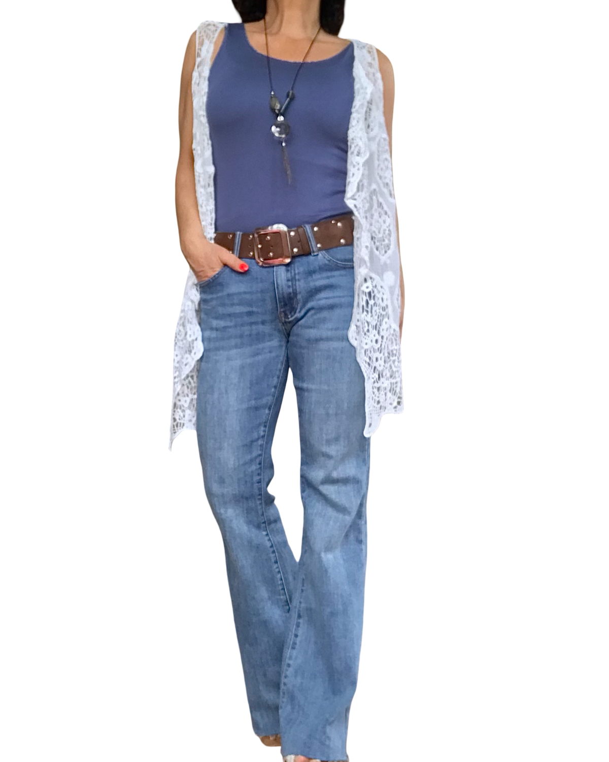 Veste sans manche en crochet blanc cassé asymétrique